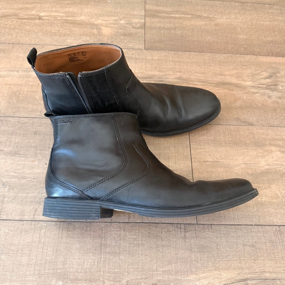 Clarks Leather Ankle Boots Mens 10.5 Black western Cowboy Side Zip Dress Boot